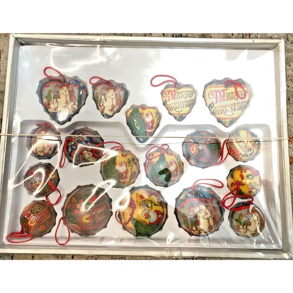 Vtg 1990 Decoupage Christmas Ornaments Mixed 18pc Set Santa Snowman Heart Ball